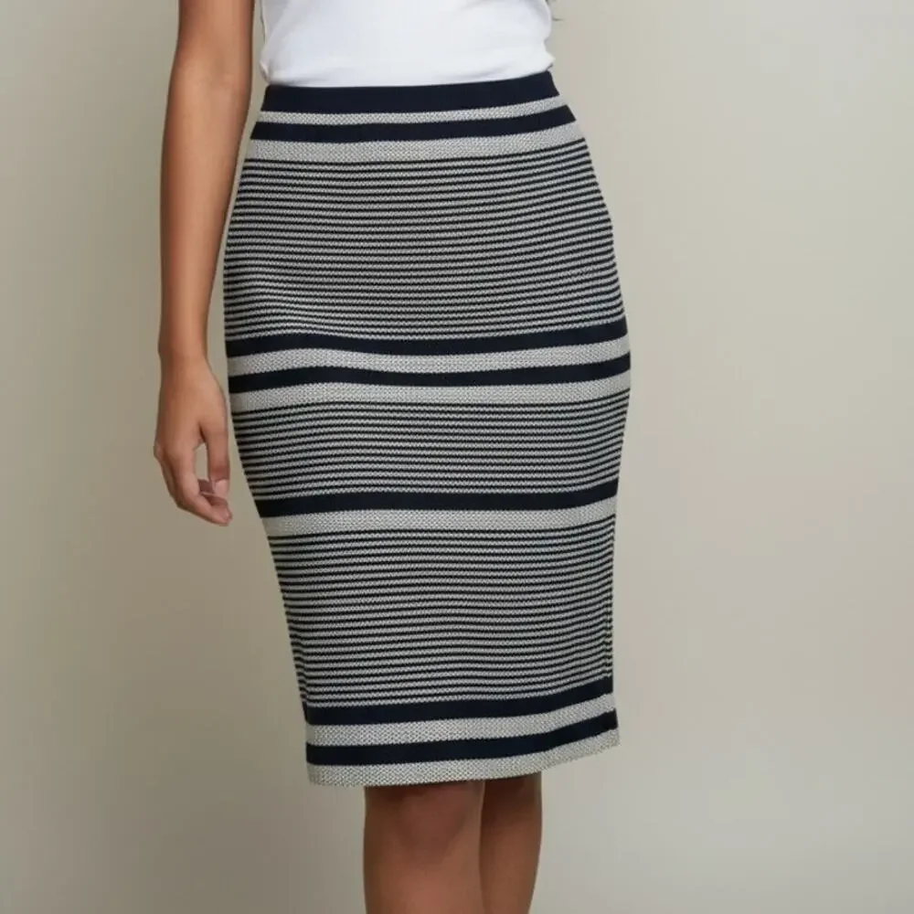 J. Crew Striped Nautical A Lined Knee Length Pencil Tweed Skirt 8 T Blue White